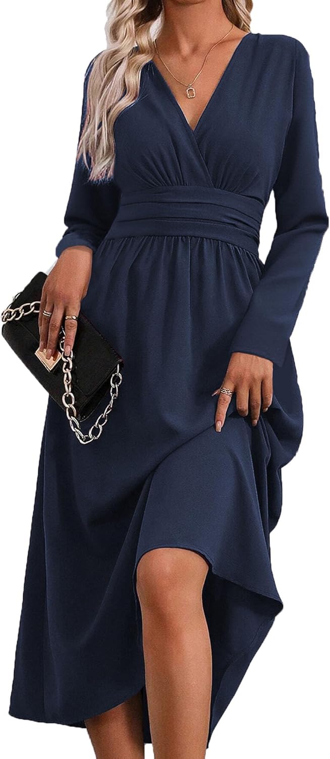 Rochie maxi Isabelle pentru femei – Rochie elegantă cu decolteu în V, tip cache-cœur, cu mâneci lungi