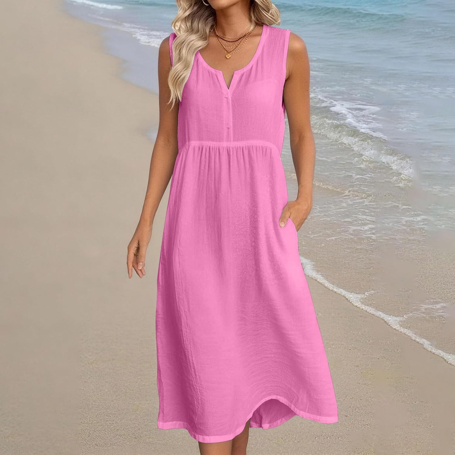Rochie Anna Femme – Rochie midi din in cu decolteu în V, fără mâneci, cu buzunare, croială fluidă, vară