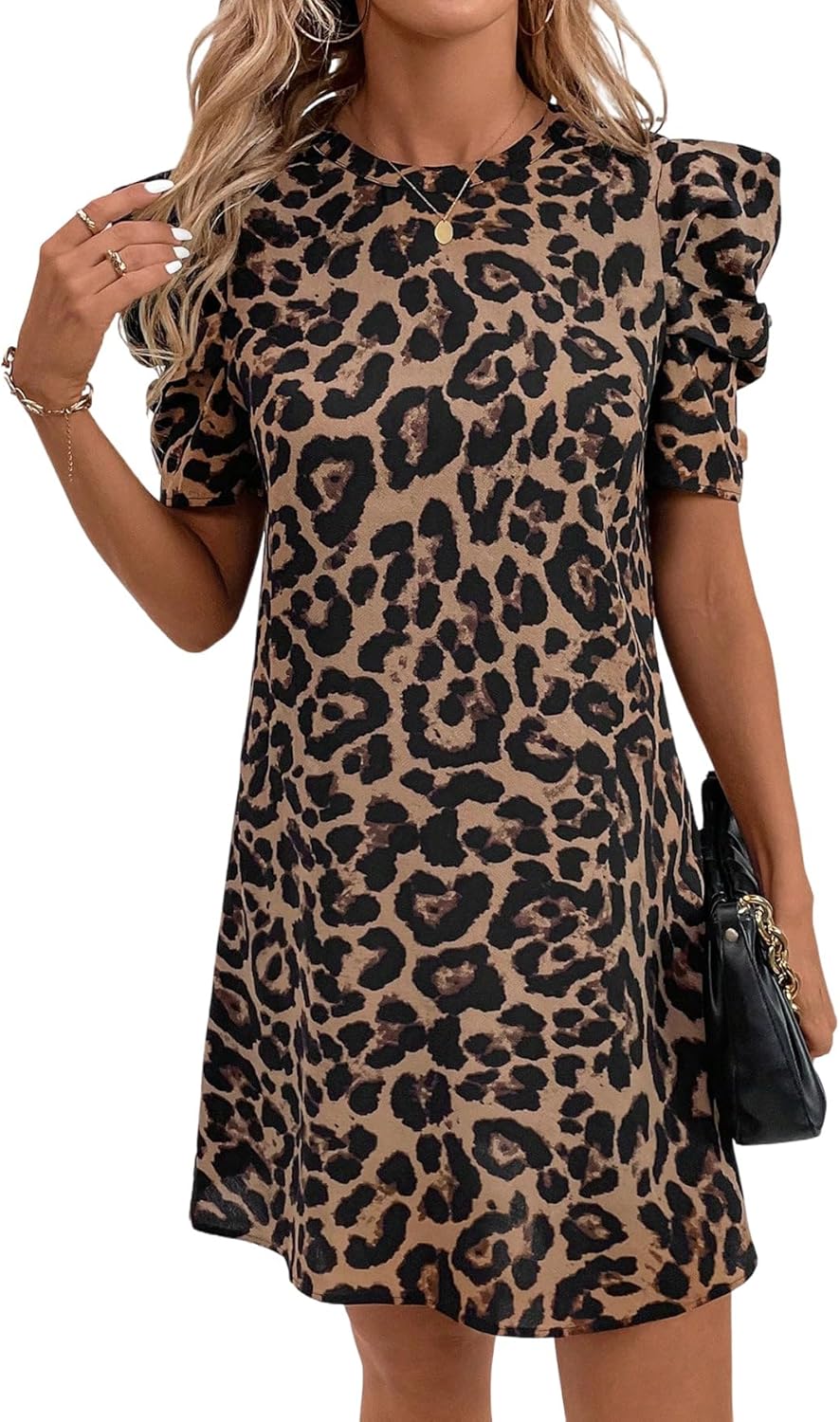 Rochie Mini Nina pentru Femei – Rochie Leopard cu Mâneci Bufante Elegantă de Vară Chic