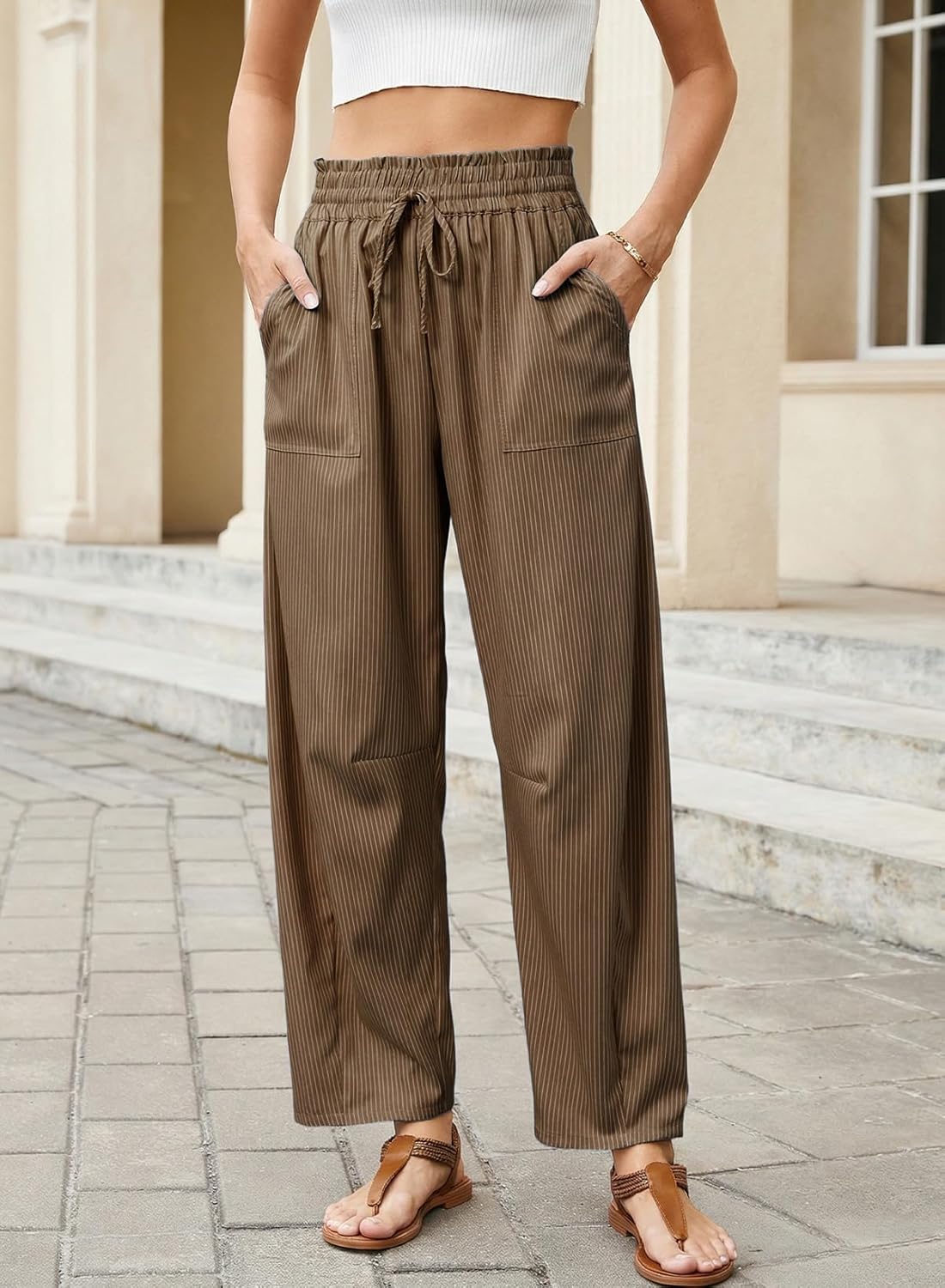 Pantaloni Inès pentru femei – Pantaloni Barrel drepți cu talie înaltă și șnur, pentru vară