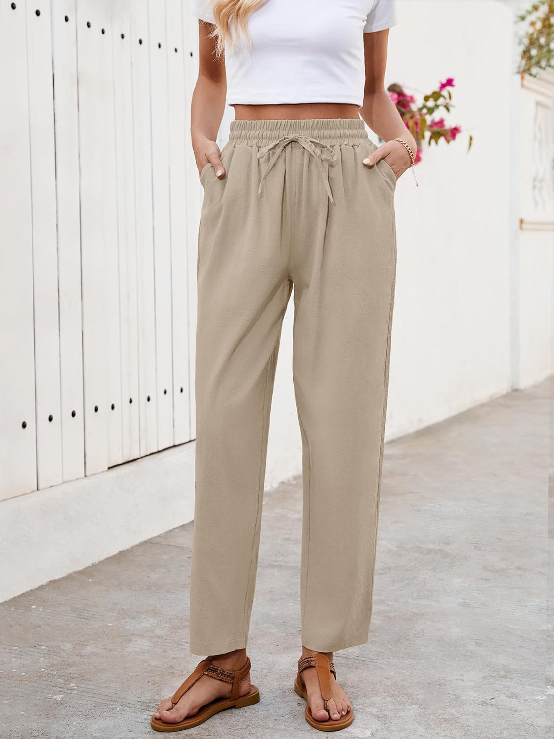 Ysabel Pantaloni damă din in Capri – Dantelă, croială largă, talie elastică, vară șic