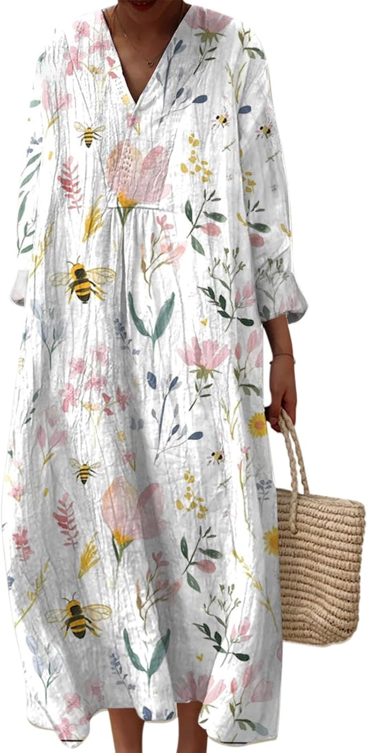 Rochie Emily pentru femei – Rochie midi cu decolteu în V, mâneci lungi, croială evazată, fluidă, de vară