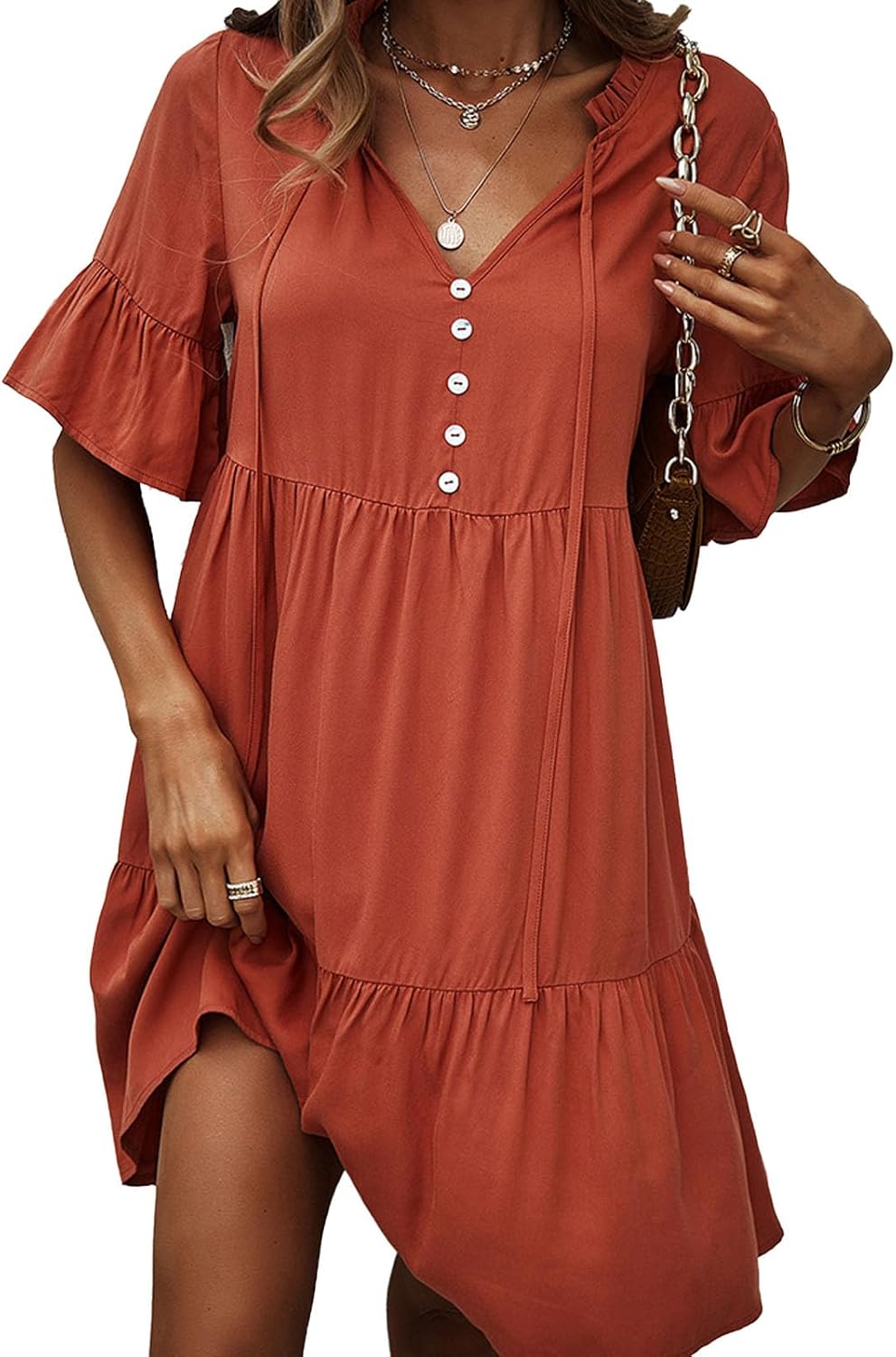 Rochie Emma pentru femei – Rochie A-Line cu decolteu în V, volane, mâneci scurte, elegantă, de vară