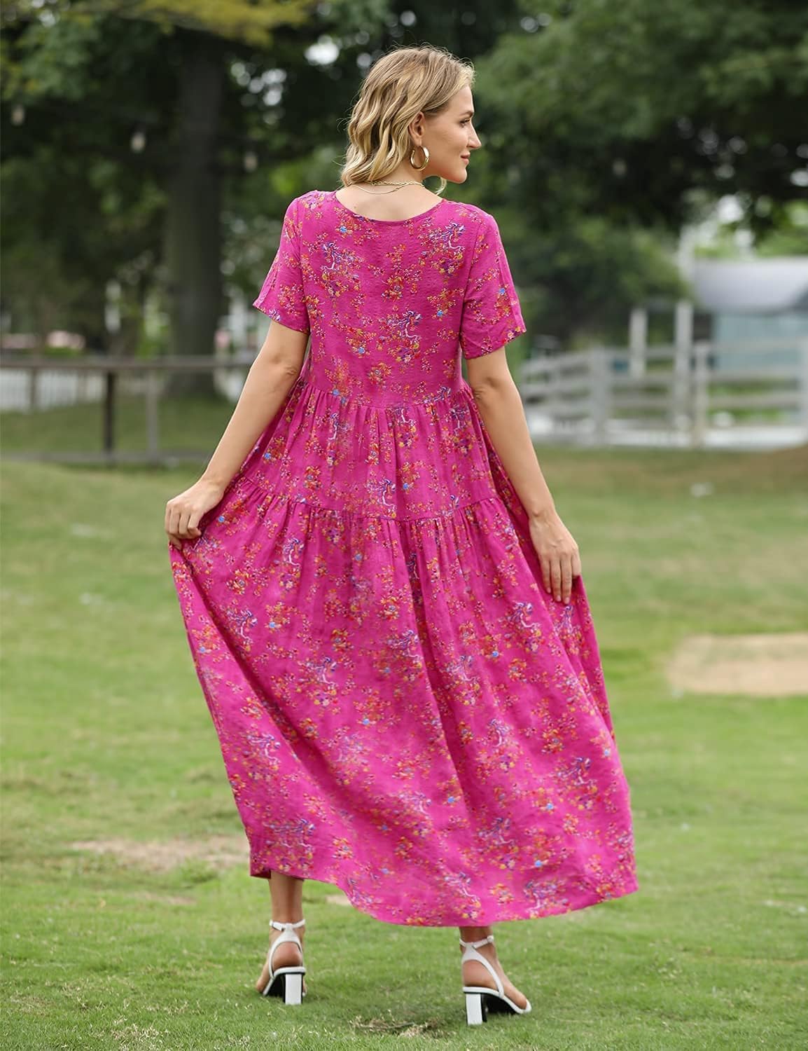 Laurice Women's Bohemian Maxi Dress – Long Floral Dress with Short Sleeves, High Waist & Pockets