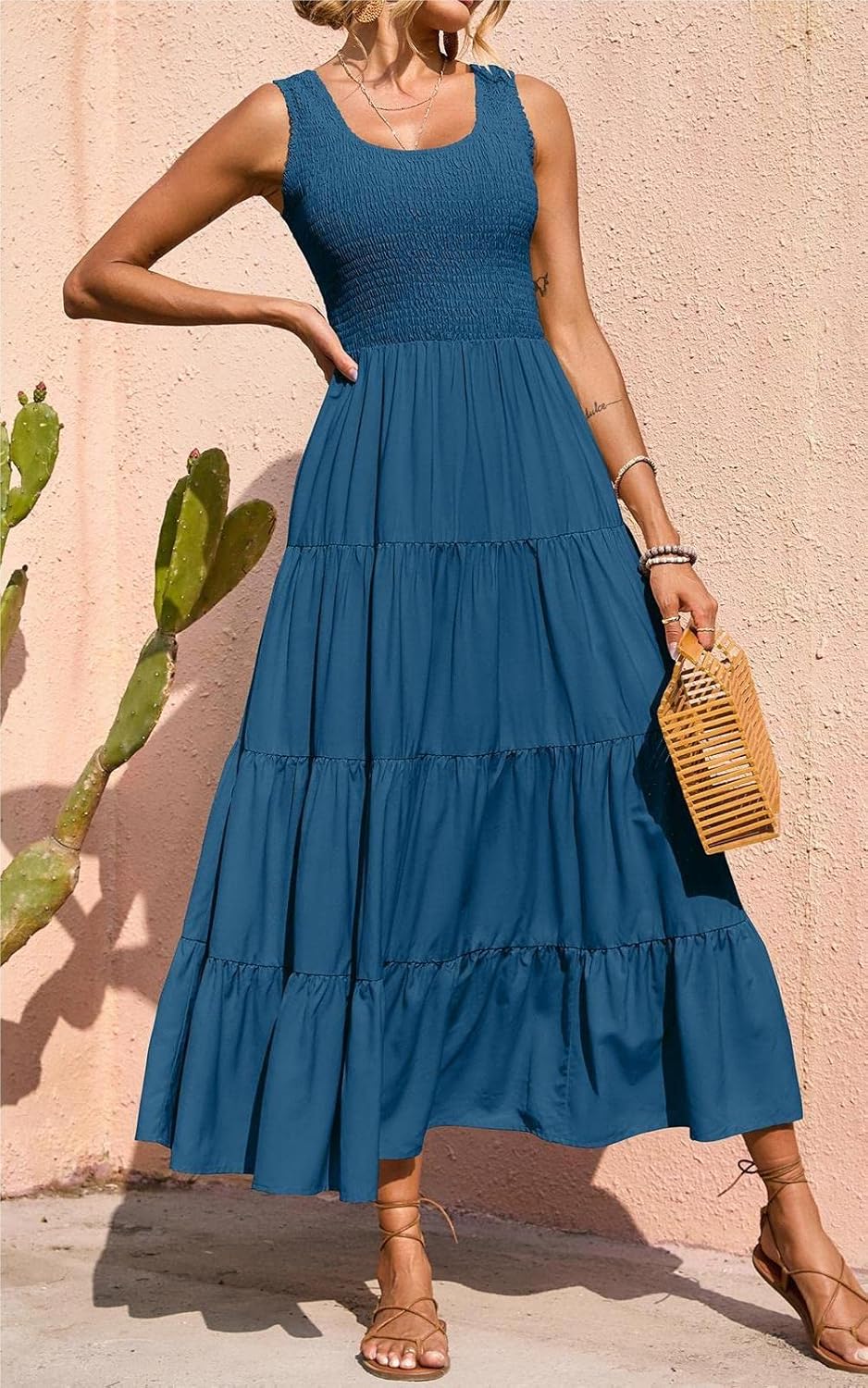 Rochie maxi Élina pentru femei – rochie smock fără mâneci, croială în A, vară boemă