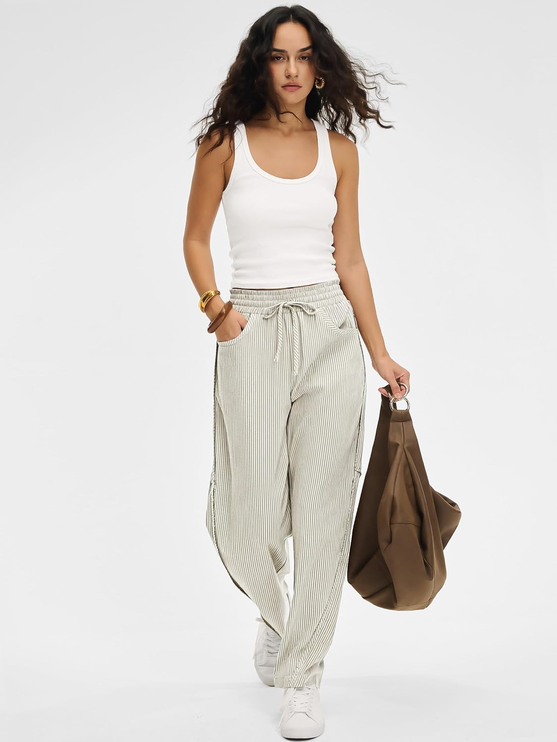 Kim Pantalon Femme Rayé Barrel – Coupe Large, Taille Élastique, Style Décontracté