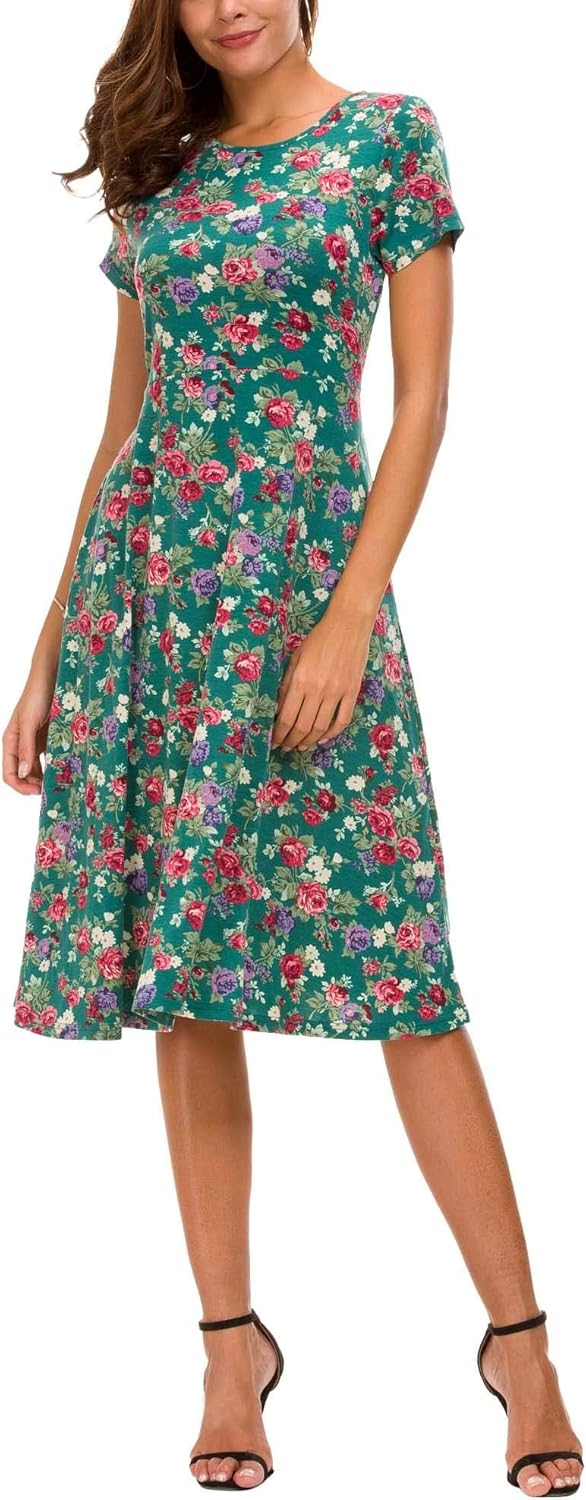 Rochie midi cu flori pentru femei Léonie – rochie evazată cu mâneci scurte și guler rotund, de vară