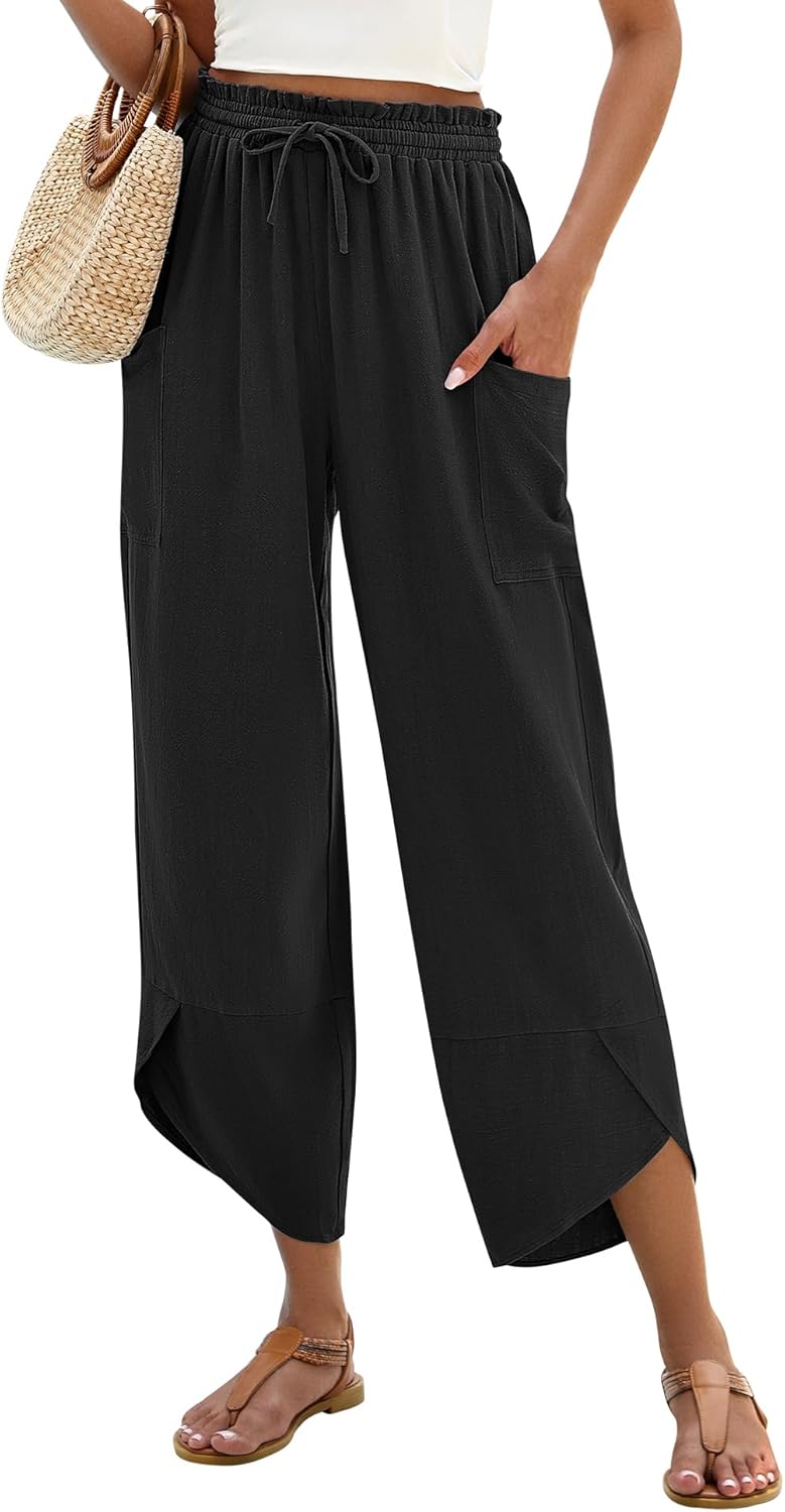 Jade Pantaloni damă – Capri Palazzo din in, stil boem, largi, talie elastică și buzunare