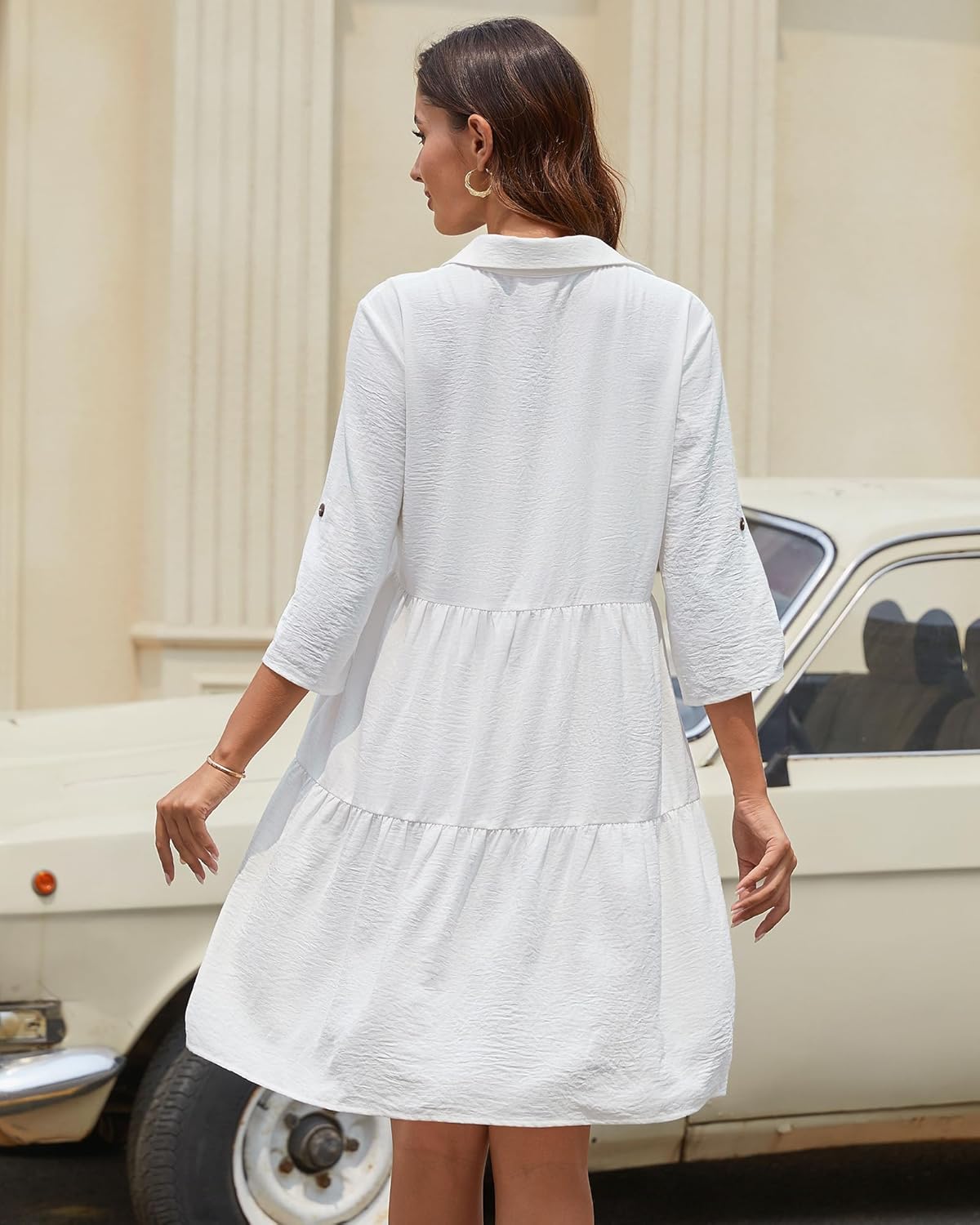 Rochie cămașă pentru femei Léa – Rochie evazată cu volane, nasturi și mâneci 3/4 pentru vară