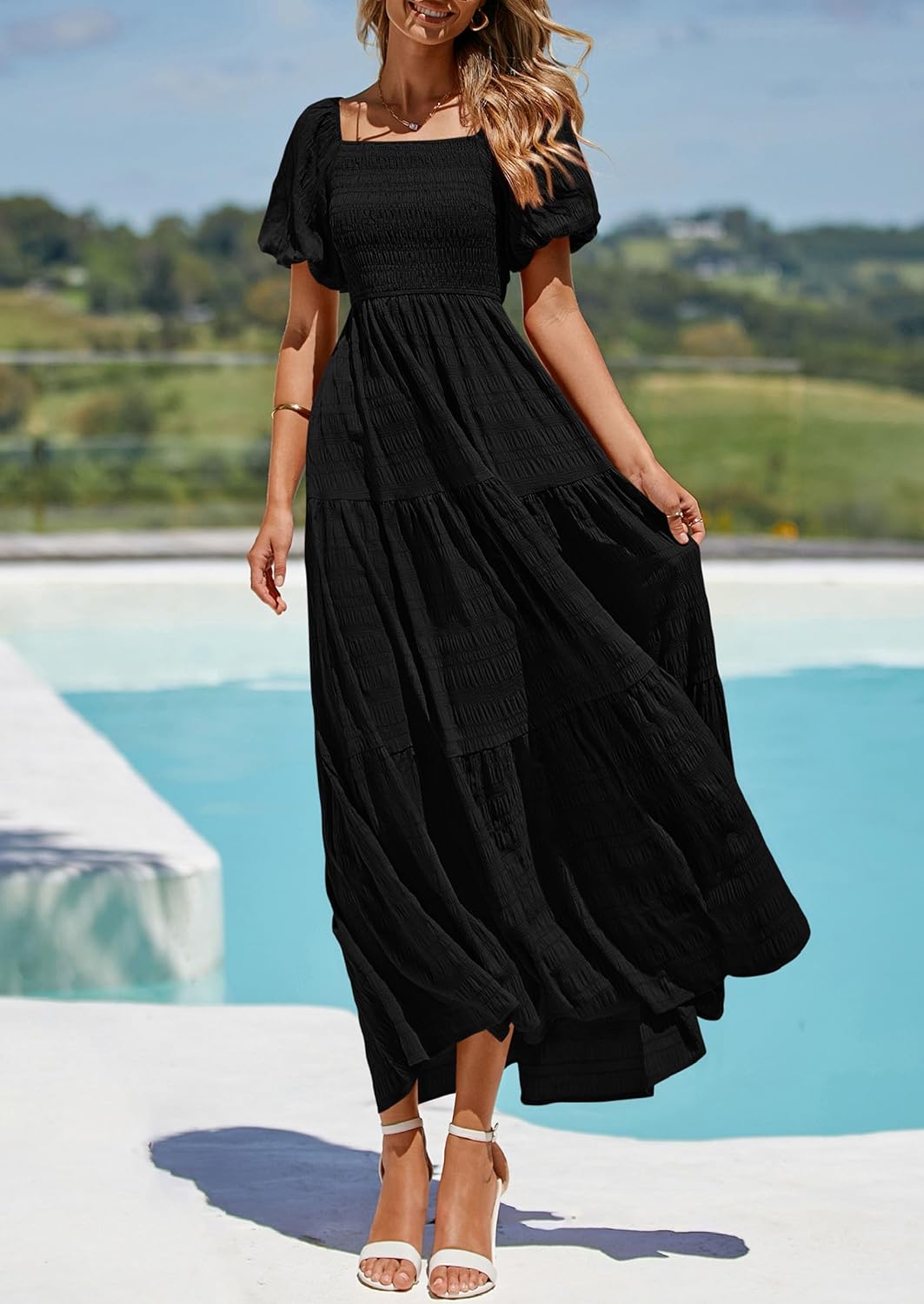 Максі-сукня Reese Robe Femme Été – сукня з квадратним вирізом, зборками, пишними рукавами та легкими воланами
