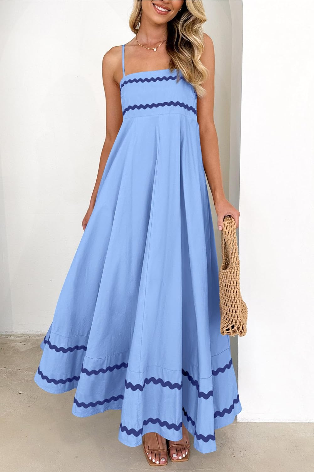 Luan Robe Maxi Femme Été – Robe Longue Bretelles Fines Col Carré, Volants & Coupe Fluide