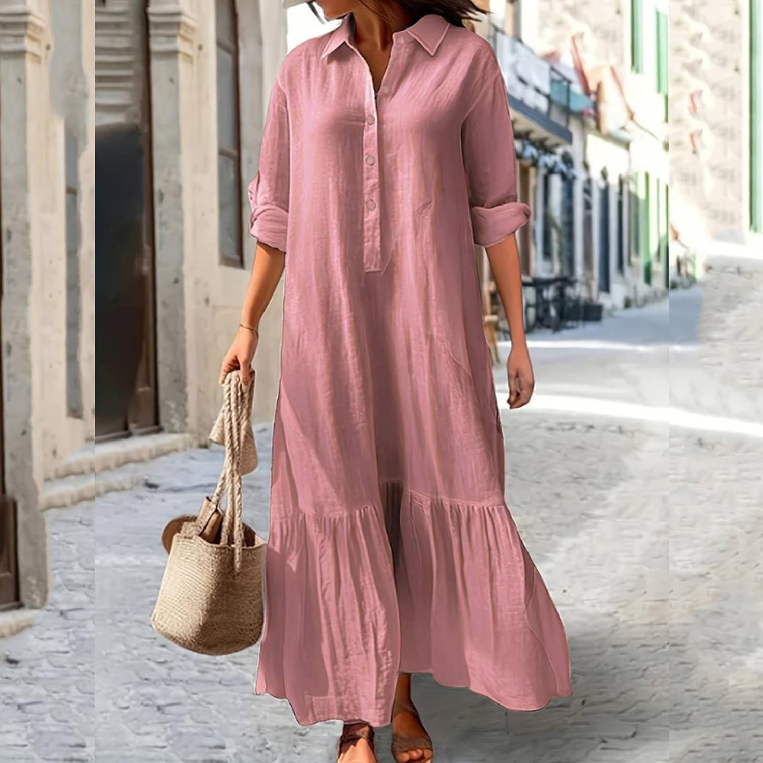 Élina Abito Lungo Donna in Cotone e Lino – Camicia Ampia con Orlo Asimmetrico