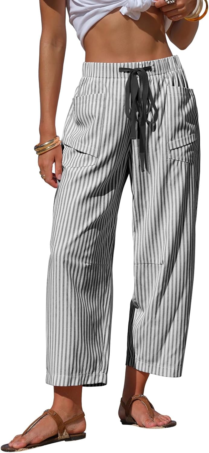 Pantaloni damă Léna – Capri cu dungi, efect in, talie elastică și buzunare