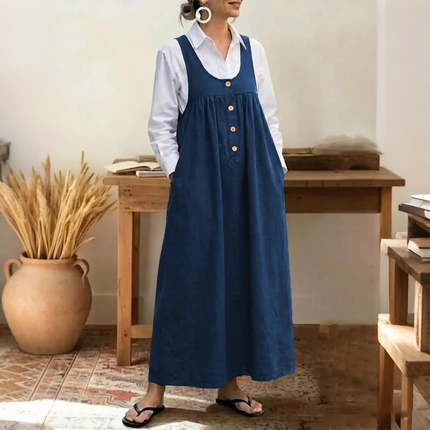 Clémence sukienka ogrodniczka długa z denimu – sukienka na szelkach vintage z regulowanymi ramiączkami