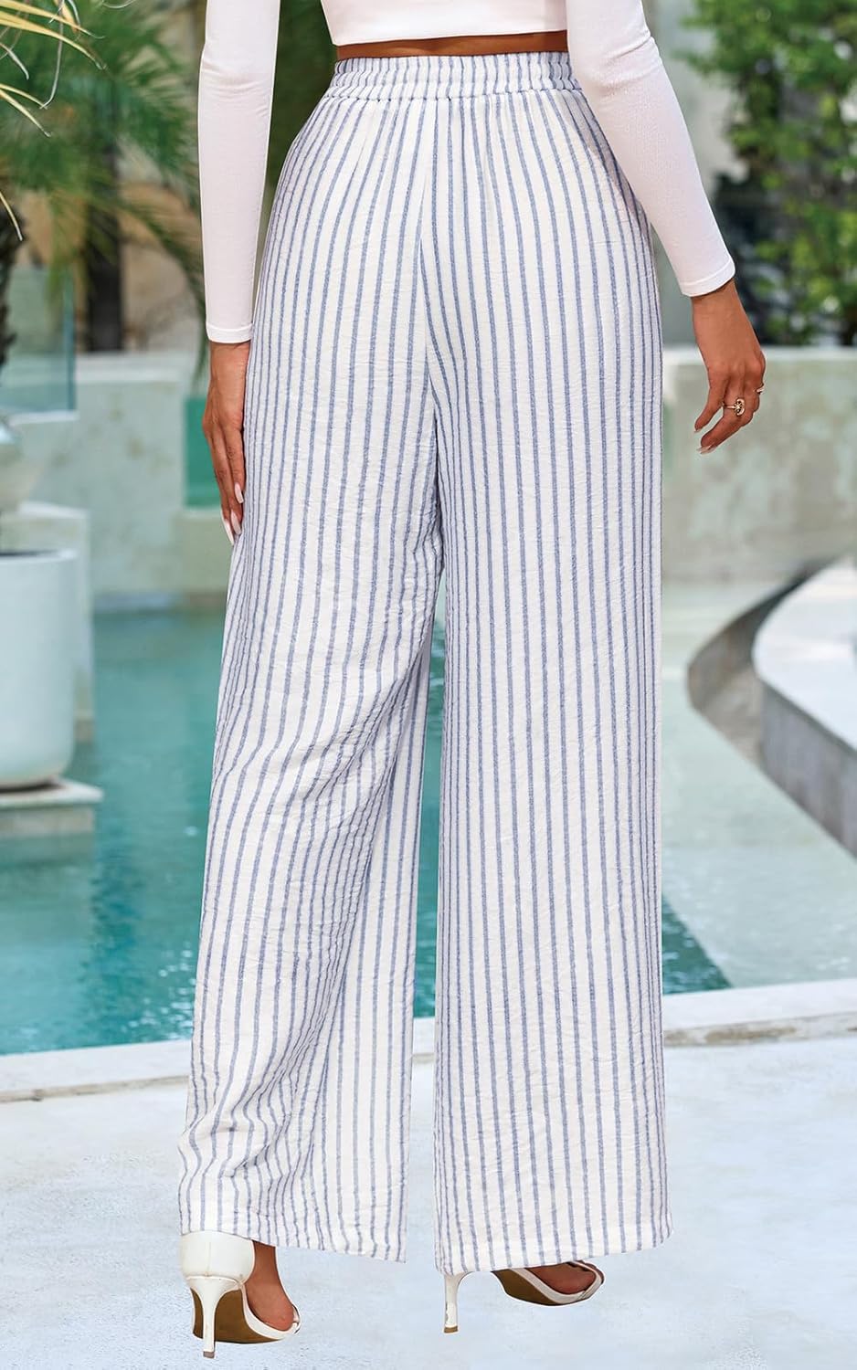 Maggie Pantaloni damă – Pantaloni palazzo cu flori, talie elastică largă, vară