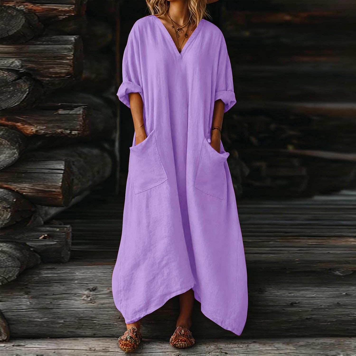 Rochie Mila pentru femei – Rochie maxi din in, de vară, cu decolteu în V, mâneci 3/4, croială evazată, oversize