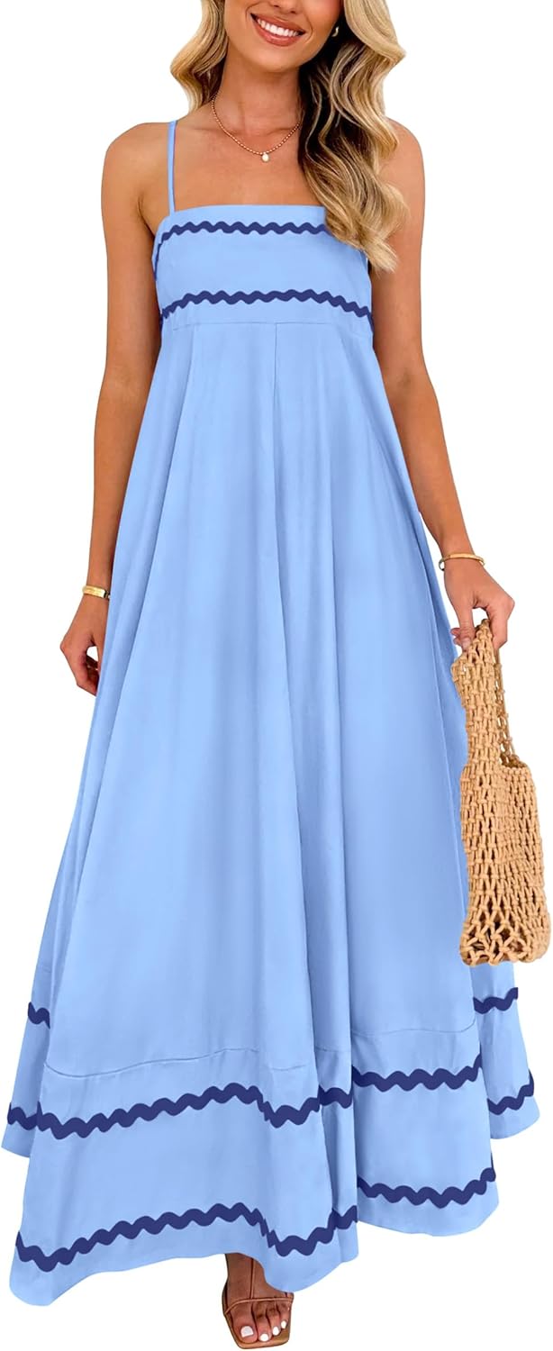 Luan Robe Maxi Femme Été – Robe Longue Bretelles Fines Col Carré, Volants & Coupe Fluide