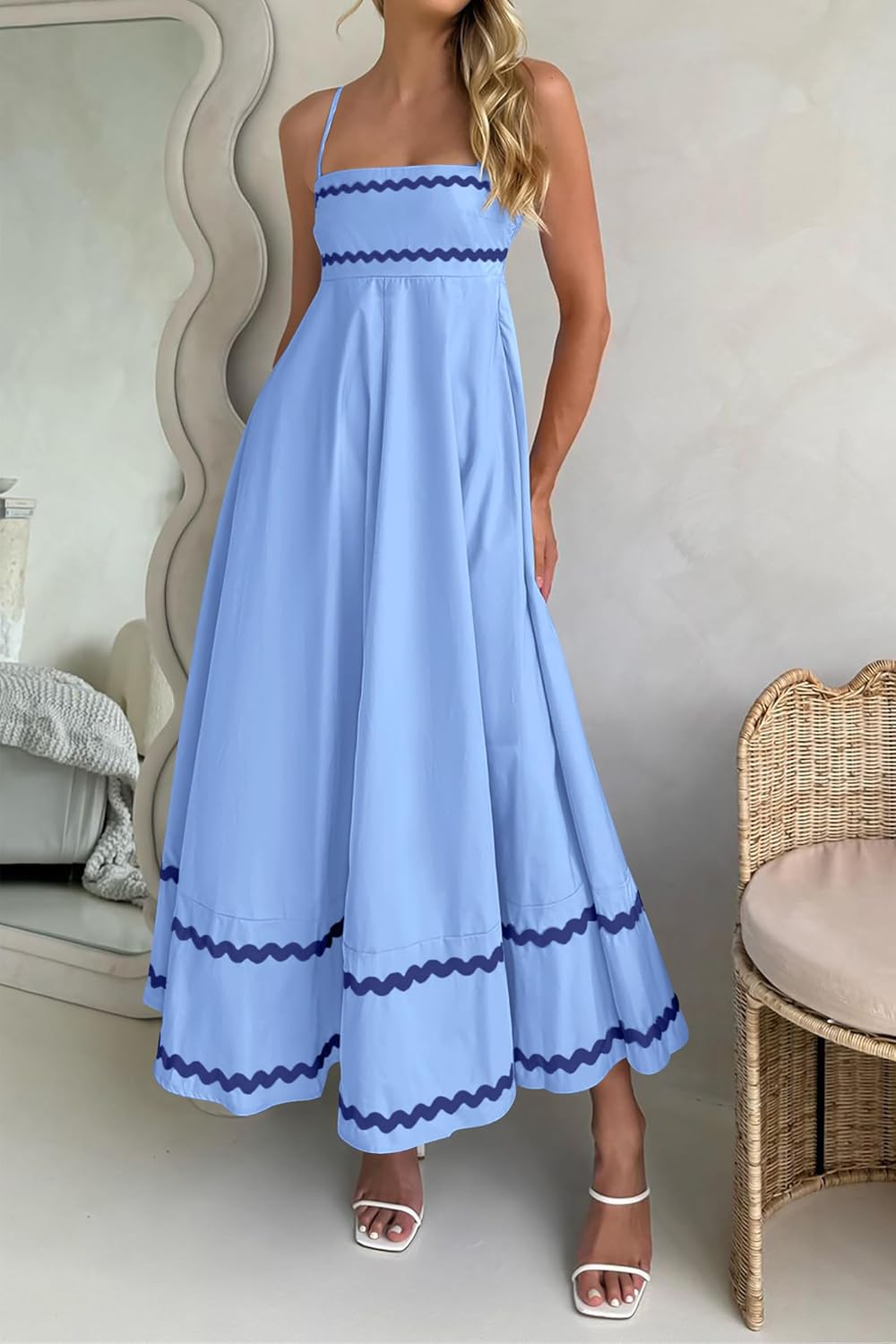 Luan Robe Maxi Femme Été – Robe Longue Bretelles Fines Col Carré, Volants & Coupe Fluide