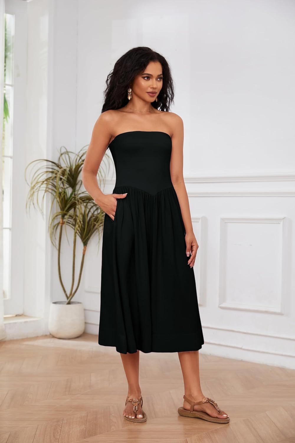 Rochie Midi Lina pentru Femei – Rochie Bustieră fără Mâneci cu Talie Joasă, Croială A-Line, Vară Chic