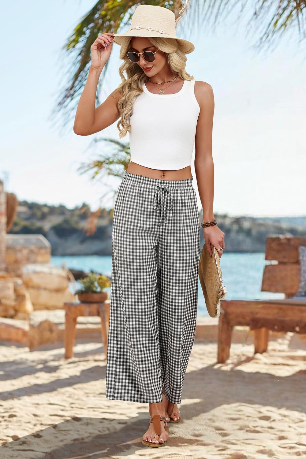 Mindi Pantalon damă Palazzo – croială largă fluidă, talie elastică cu șnur casual chic