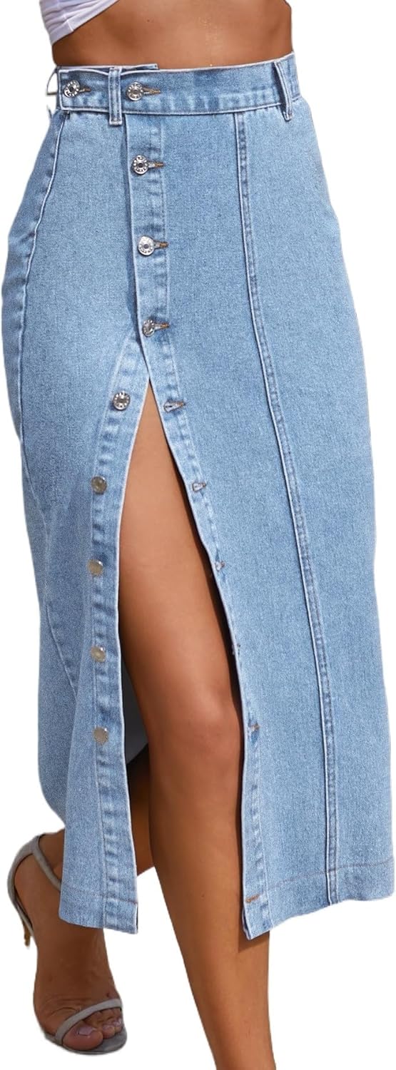 Caramia Gonna Denim Donna – Gonna Midi Vita Alta, Con Bottoni e Spacco