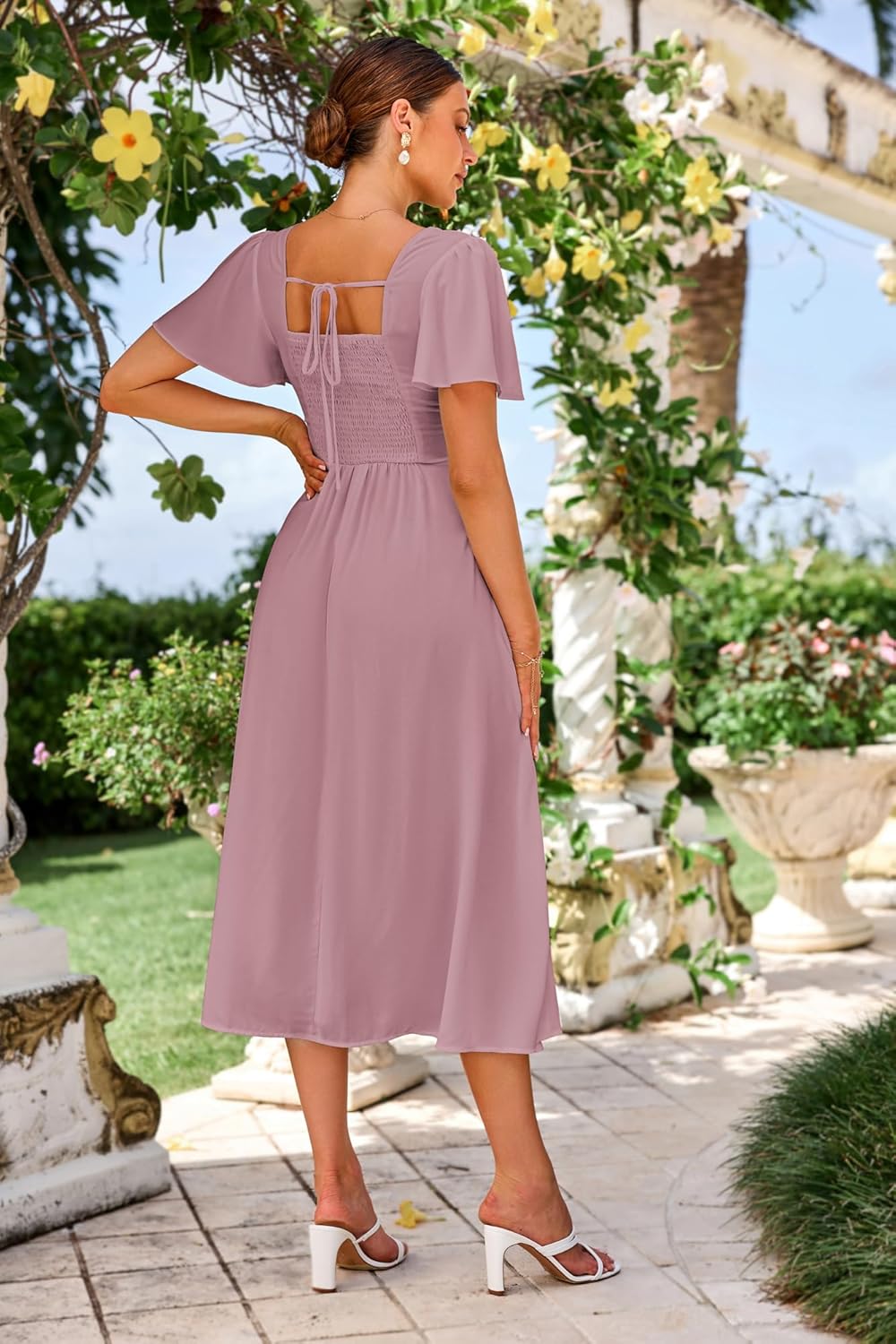 Rochie Claire pentru femei – Rochie maxi cu decolteu în V, spate pătrat, croială în A, fluidă, stil boem, vară