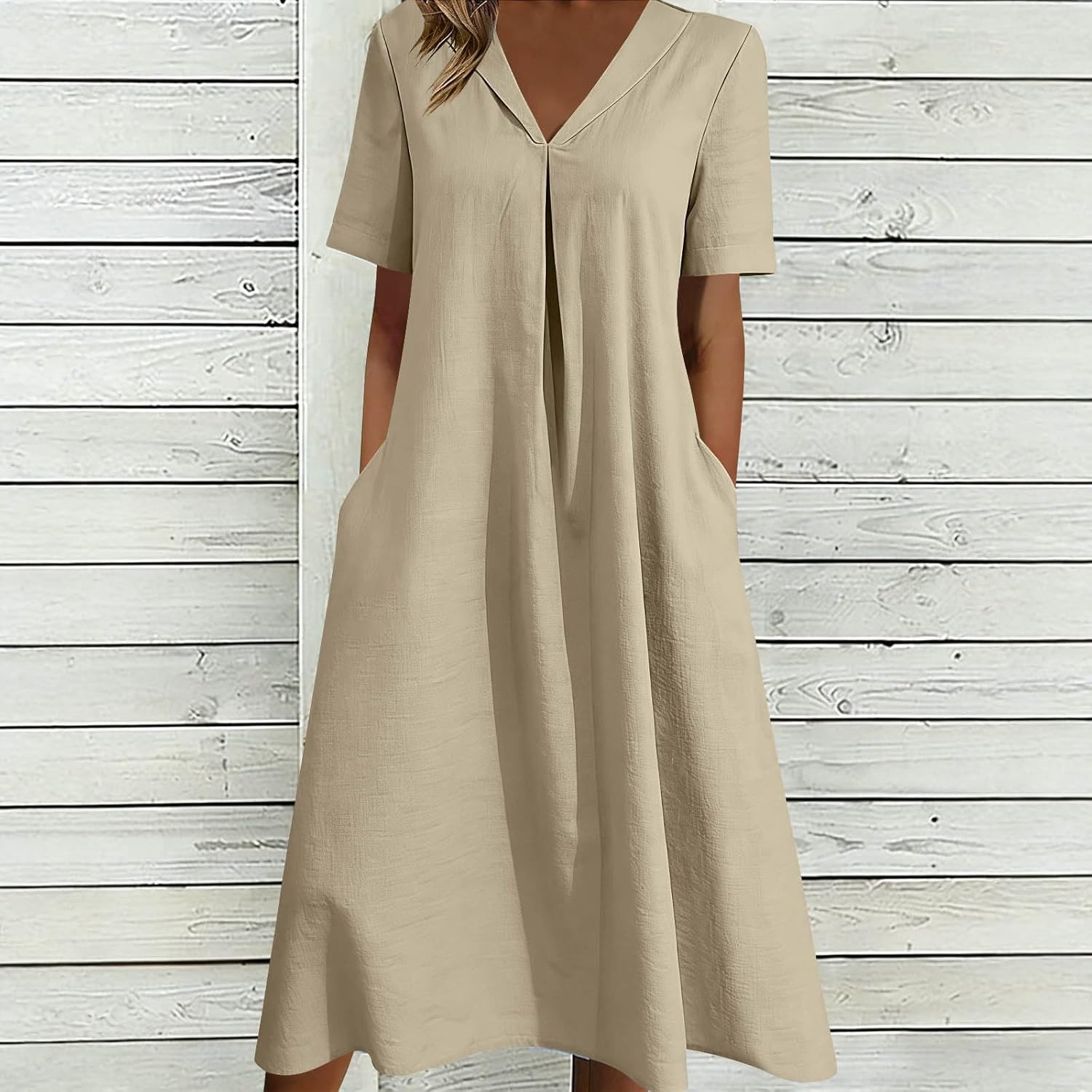 Rochie Sophie pentru femei – Rochie maxi din in, de vară, cu decolteu în V, mâneci scurte, buzunare, croială în A