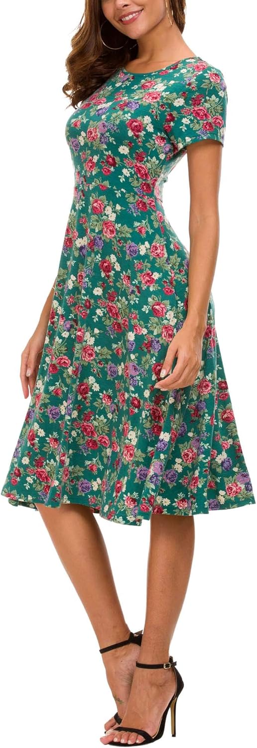 Rochie midi cu flori pentru femei Léonie – rochie evazată cu mâneci scurte și guler rotund, de vară
