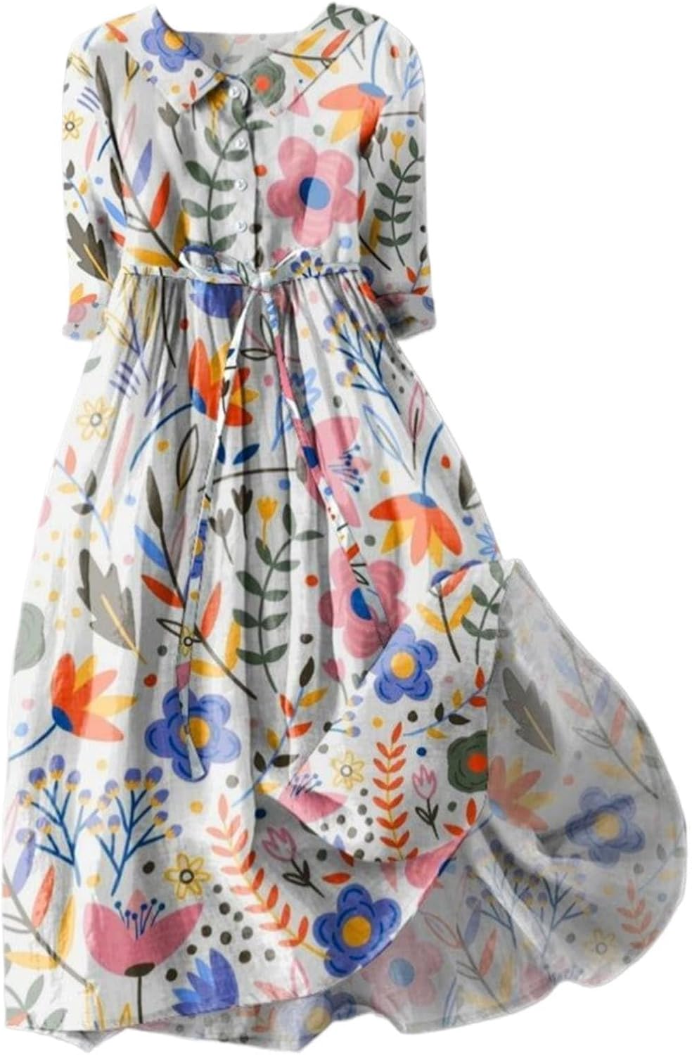 Rochie Sophie pentru femei – Rochie maxi din in cu flori, guler cămașă, talie ajustabilă, vară