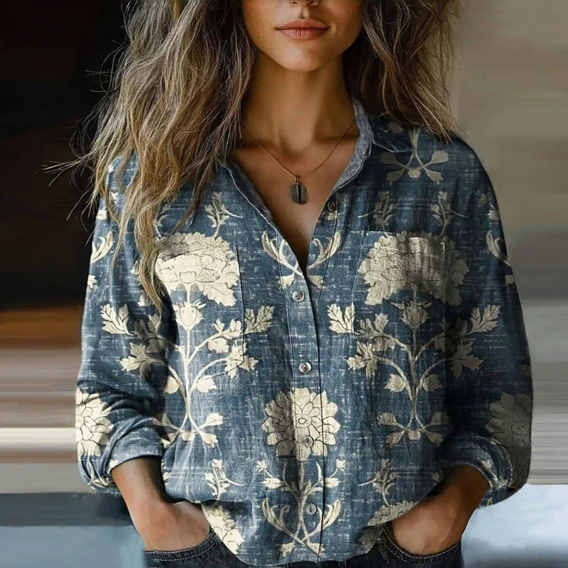 Mira Blouse Vintage Femme – Blouse Aérée avec Imprimé Ethnique, Col à Revers & Manches Longues