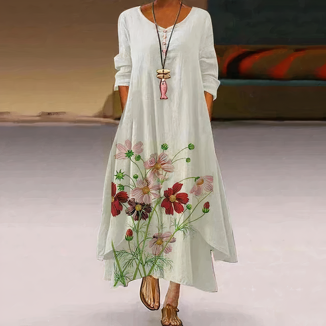 Long Dress Woman Tania – Elegant Floral Dress with Embroidery & Slit for a Summer Look