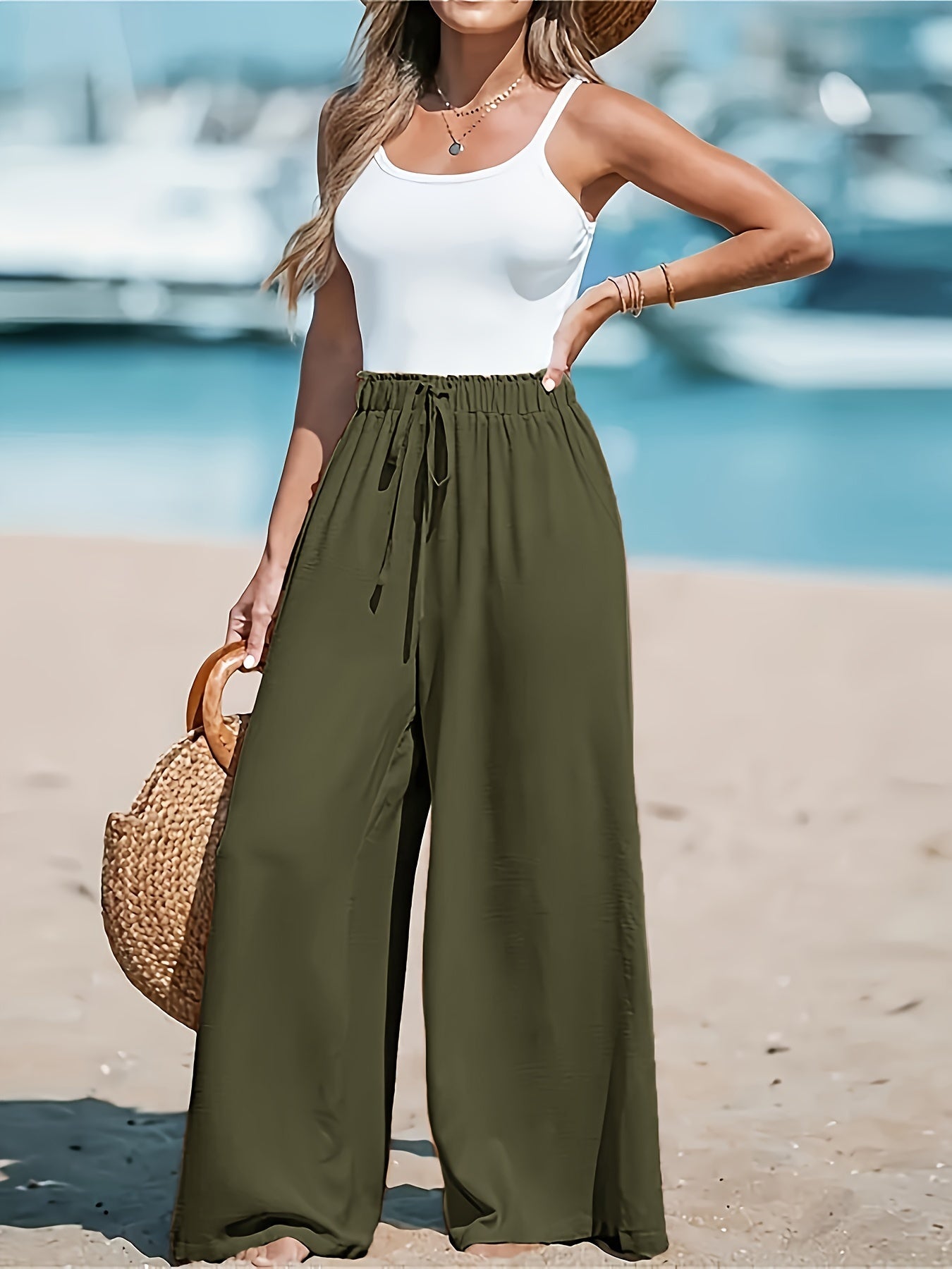 Veronica Pantalon Femme – Hose mit hoher Taille und weitem Bein aus luftigem Stoff für Sommer und Büro