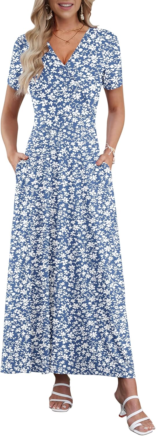Rochie Analiz pentru femei – Rochie maxi boemă cu decolteu în V încrucișat, mâneci scurte, talie imperiu, buzunare, vară