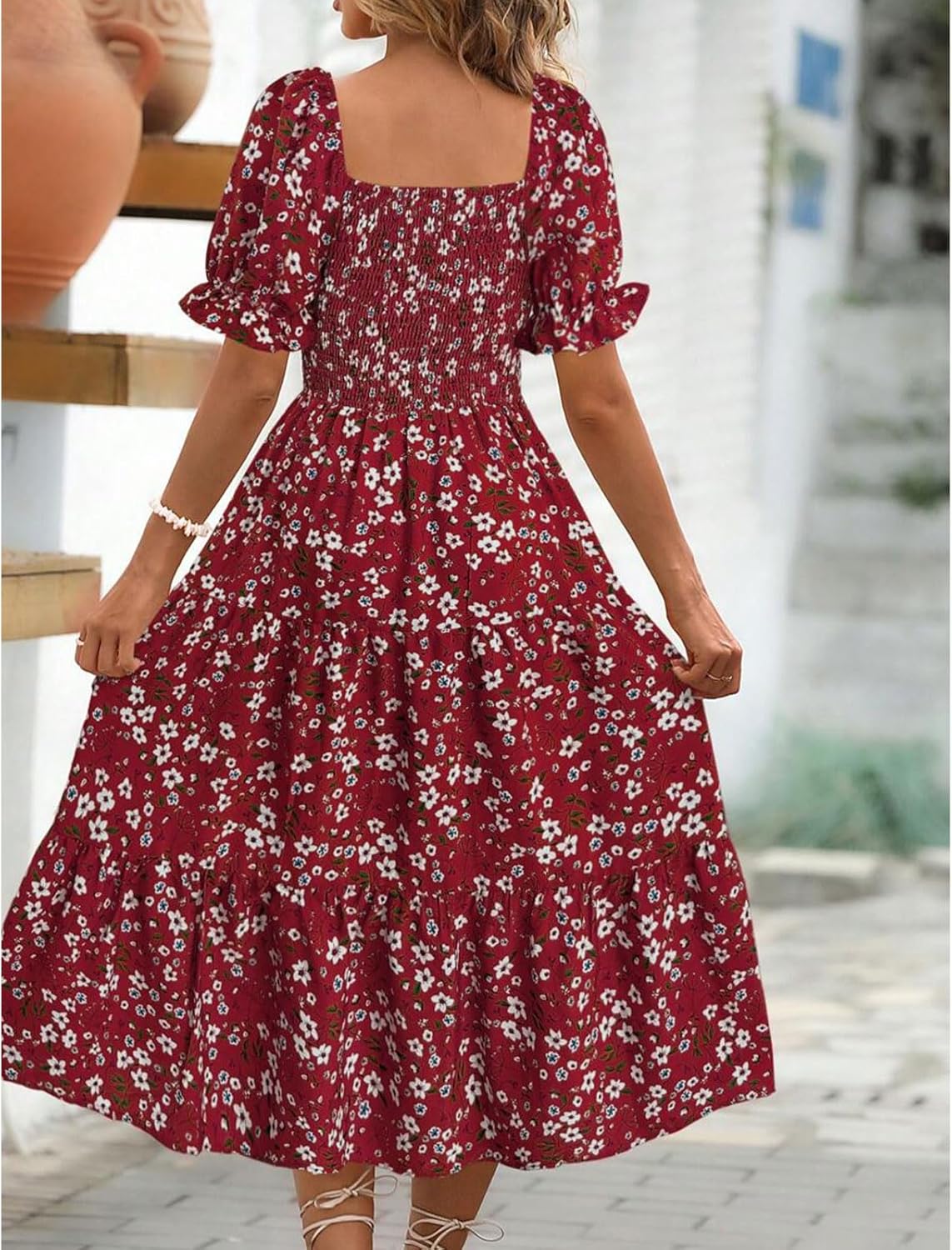 Vestido Angeli para mujer con flores – mangas abullonadas, cintura anudada, corte mini verano chic