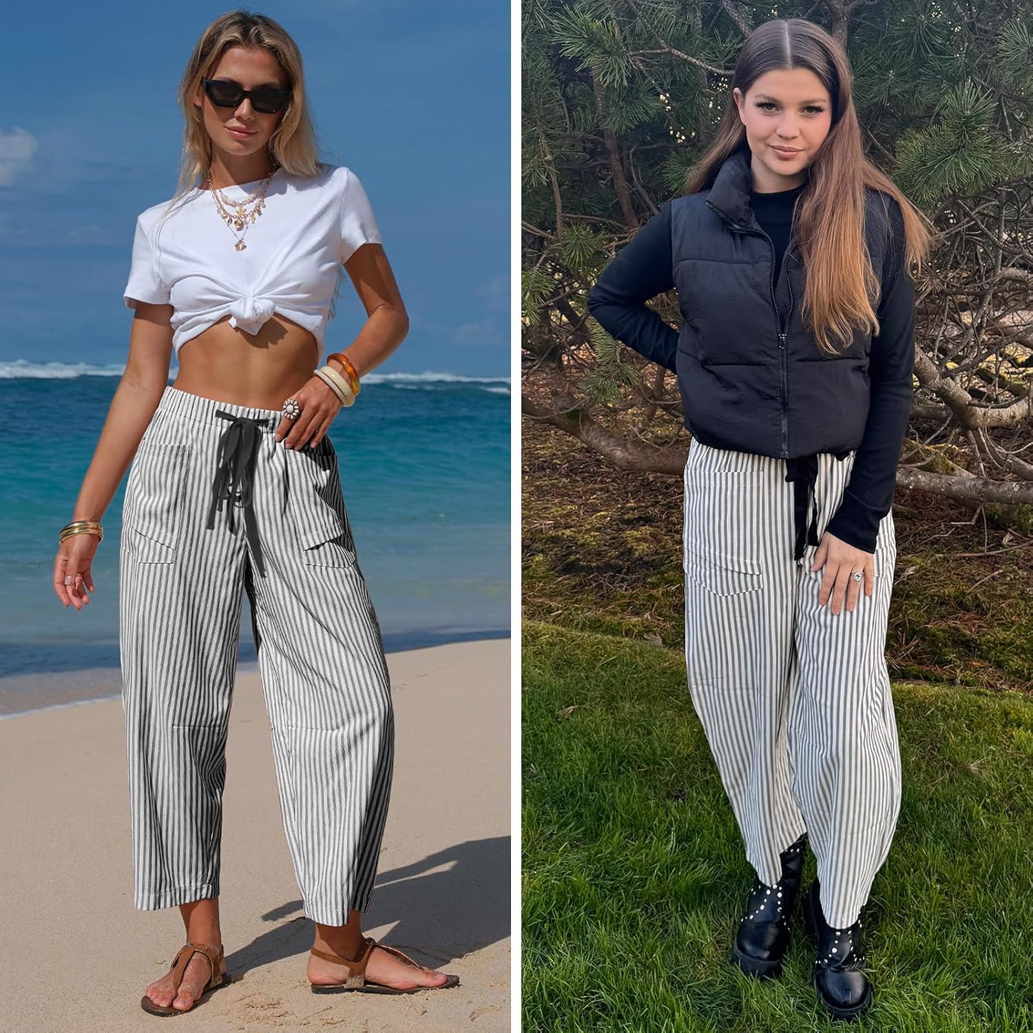Pantaloni damă Léna – Capri cu dungi, efect in, talie elastică și buzunare