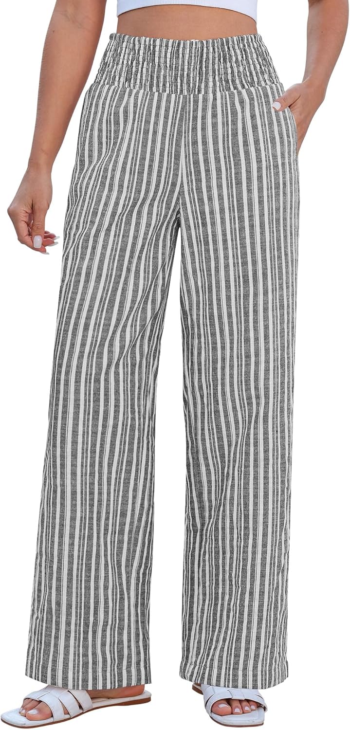 Rian Pantalon damă din in cu dungi – Palazzo larg, talie înaltă elastică, vară chic