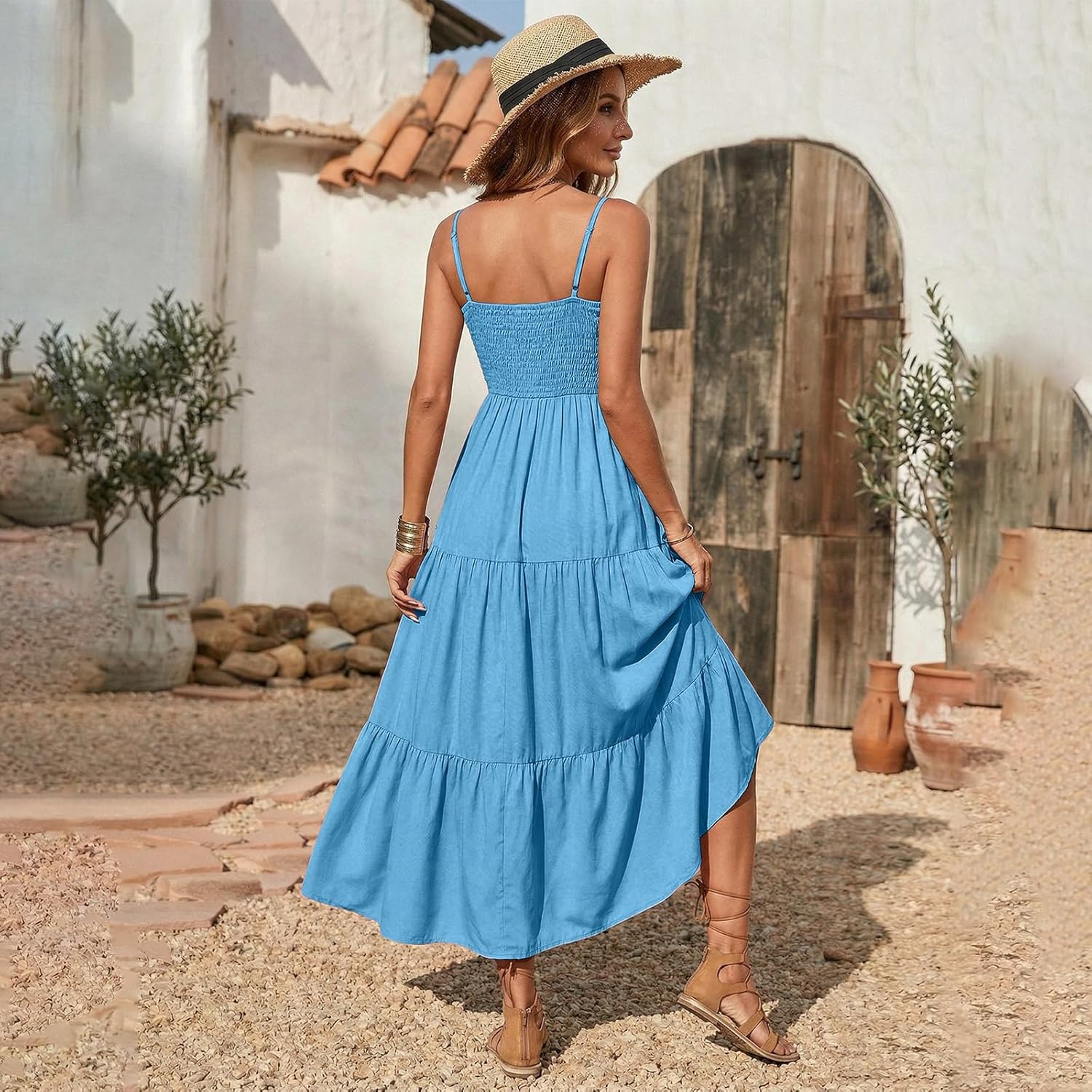 Rochie Léa pentru femei – Rochie maxi boemă cu decolteu pătrat, smock și volane fluide de vară