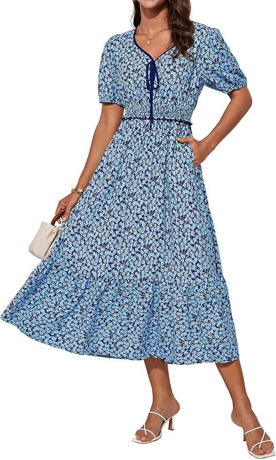 Tasha Robe Midi Femme – Col V, Taille Smockée & Coupe A-Line Élégante Été