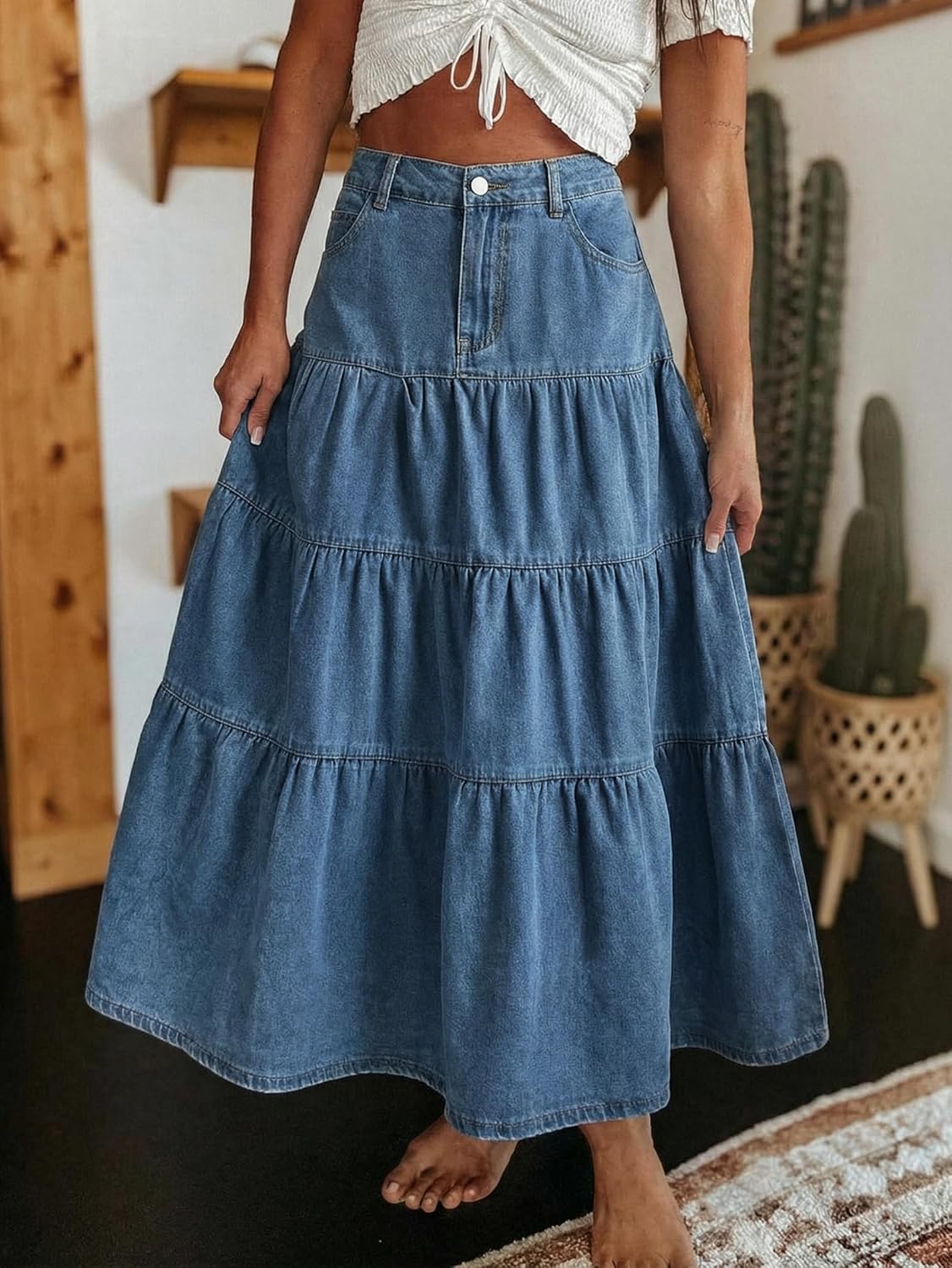Saia Jeans Verna para Mulher – Saia Maxi de Ganga de Cintura Alta, Folhos e Bolsos