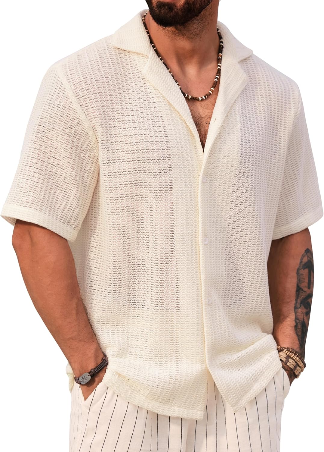 Cămașă bărbați Herbert croșetată – Cămașă tricotată cu model deschis, stil cubanez de vară