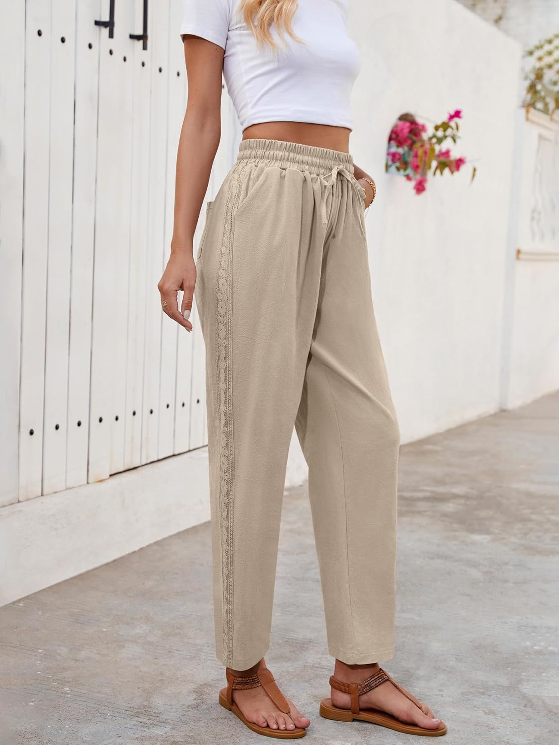 Ysabel Pantaloni damă din in Capri – Dantelă, croială largă, talie elastică, vară șic
