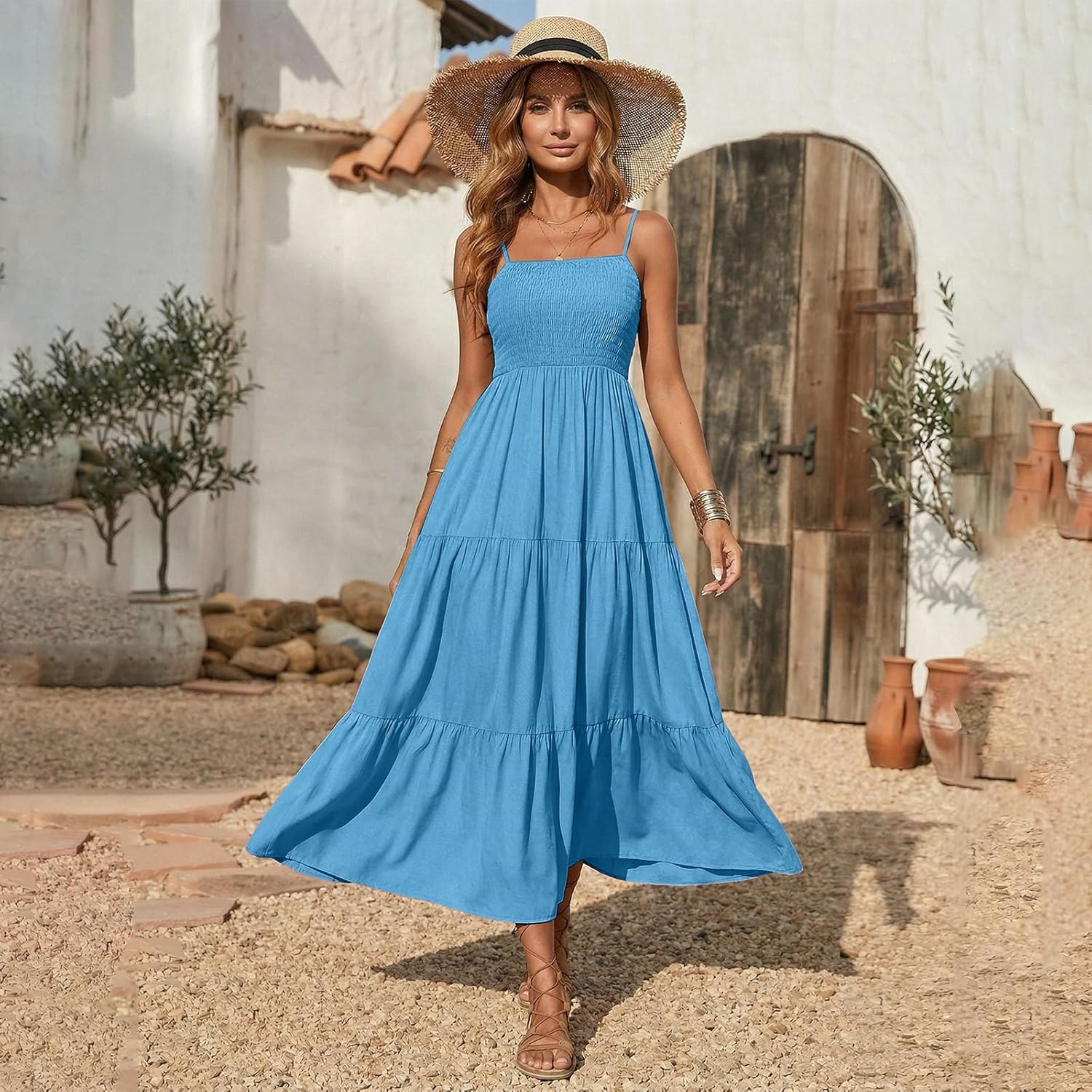 Rochie Léa pentru femei – Rochie maxi boemă cu decolteu pătrat, smock și volane fluide de vară