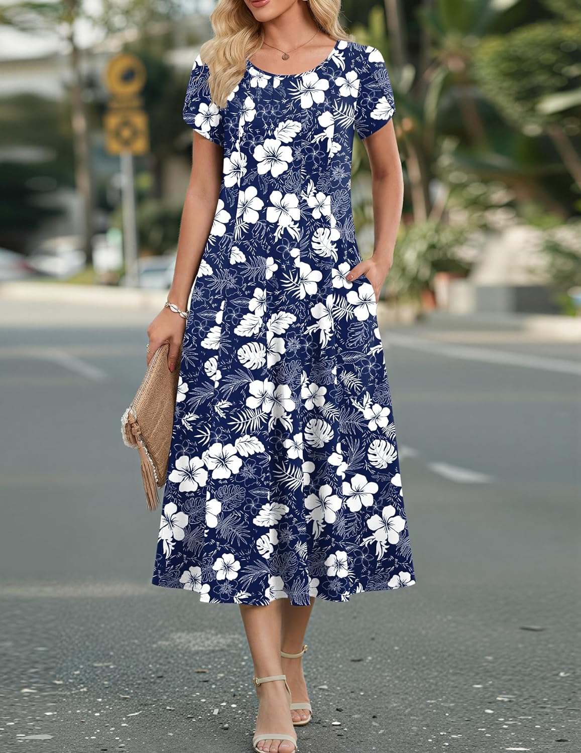 Amyrose Midi A-Line Dress for Women – Lightweight Summer Dress with Puff Sleeves & Pockets