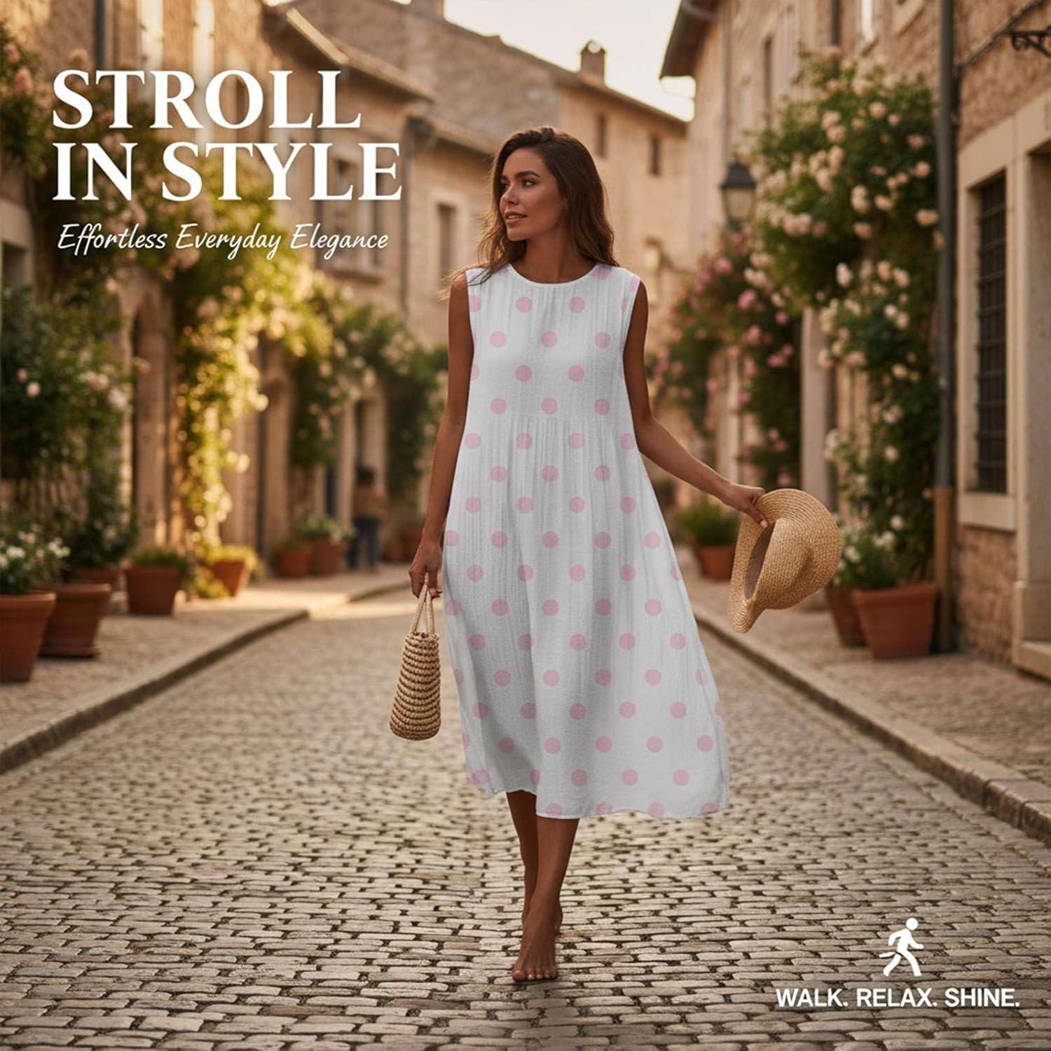 Elena Abito Donna – Abito Midi in Lino a Fiori Collo Tondo Senza Maniche con Tasche Stile Bohemien Estate