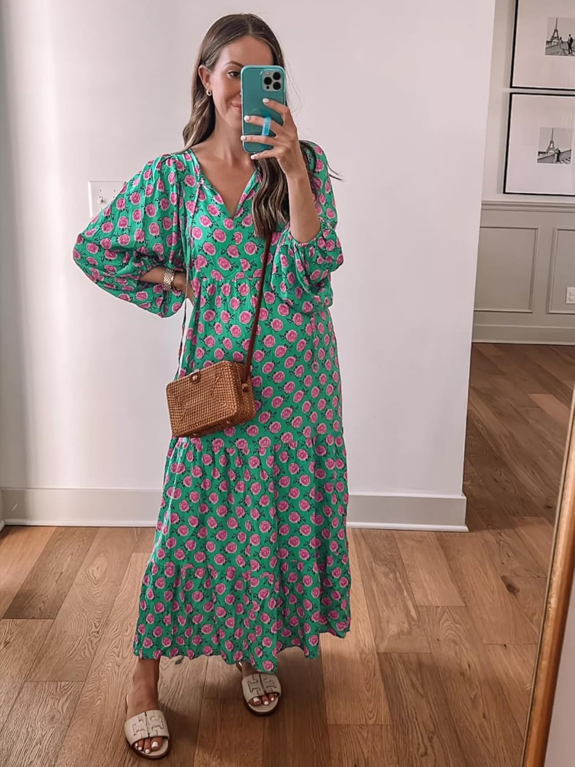 Amélie maxi bohémske šaty pre ženy – dlhé vzdušné šaty s výstrihom do V a geometrickým vzorom