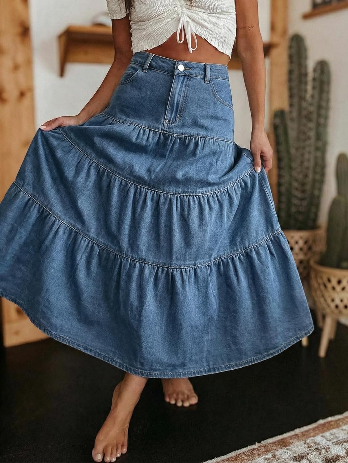 Saia Jeans Verna para Mulher – Saia Maxi de Ganga de Cintura Alta, Folhos e Bolsos