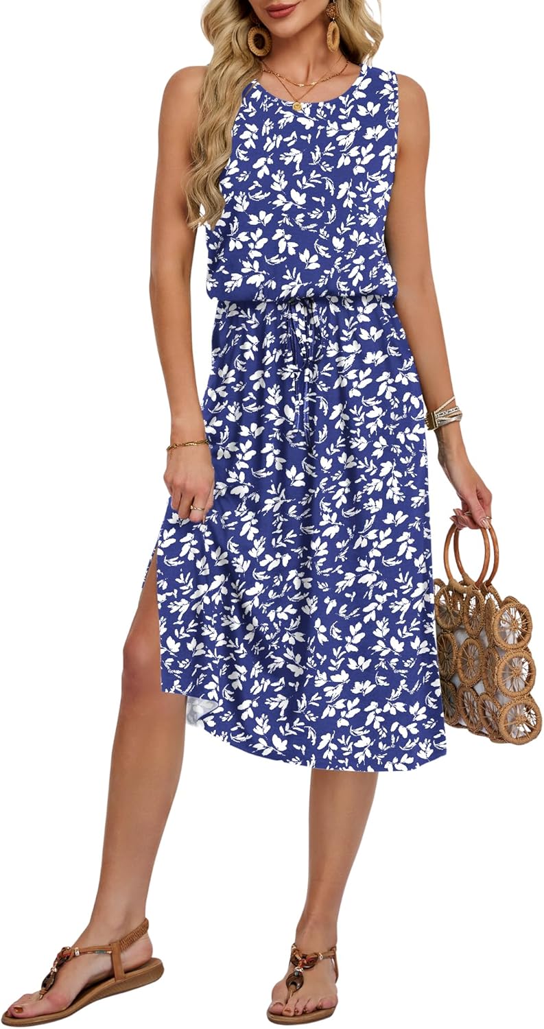 Vestido Léa para mujer – Vestido midi sin mangas con cuello redondo, abertura, bolsillos y cintura ajustable para verano