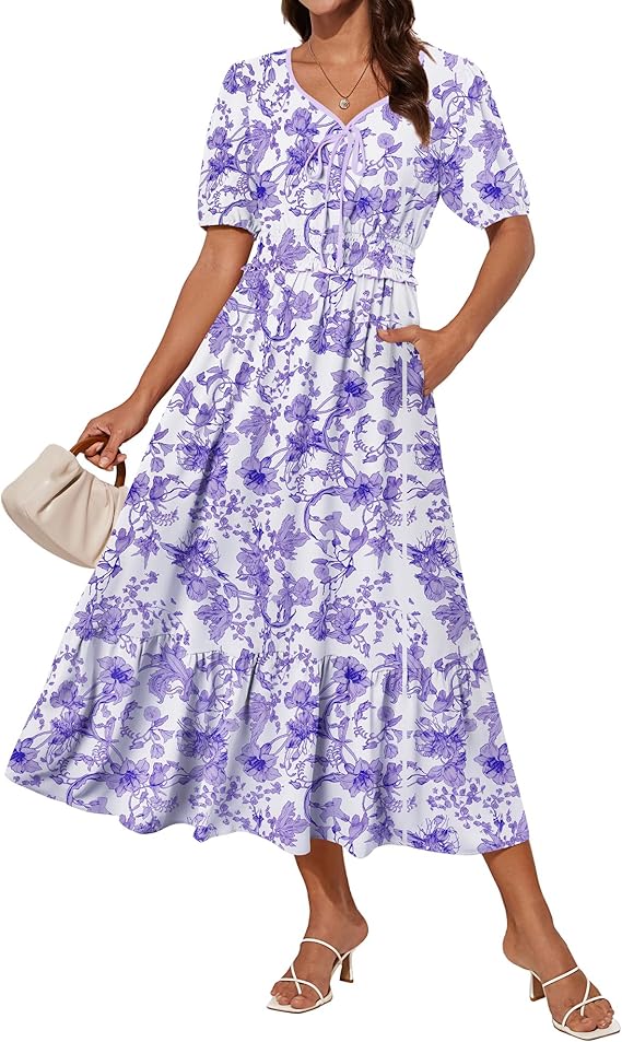 Tasha Robe Midi Femme – Col V, Taille Smockée & Coupe A-Line Élégante Été