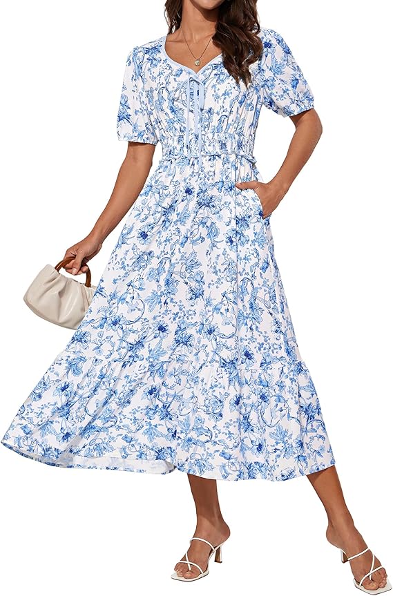 Tasha Robe Midi Femme – Col V, Taille Smockée & Coupe A-Line Élégante Été