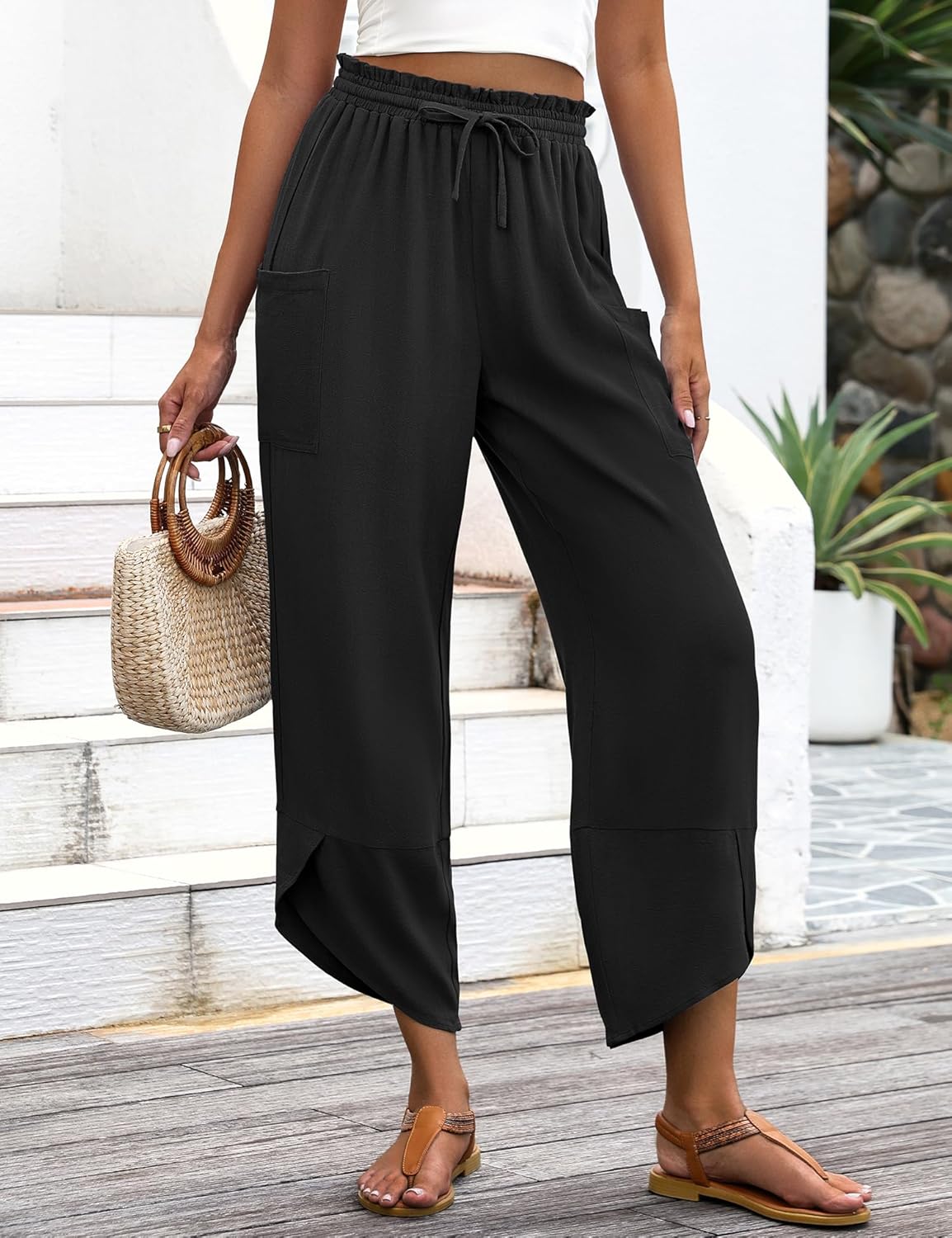 Jade Pantaloni damă – Capri Palazzo din in, stil boem, largi, talie elastică și buzunare
